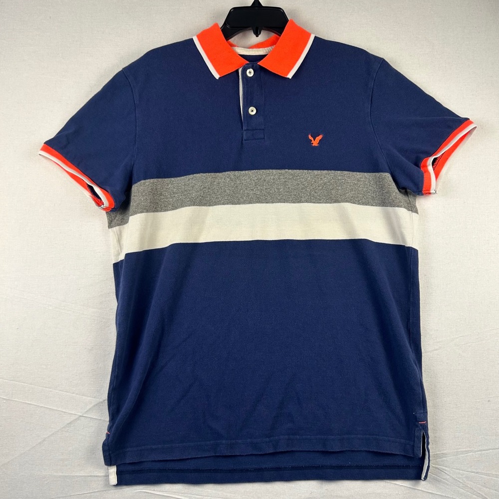 American Eagle Mens Classic Fit Polo Shirt Navy Blue Orange Stripe Large